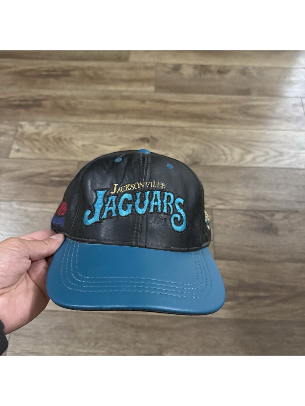 Vtg 90s Jacksonville Jaguars Black Leather Snapback Hat USA